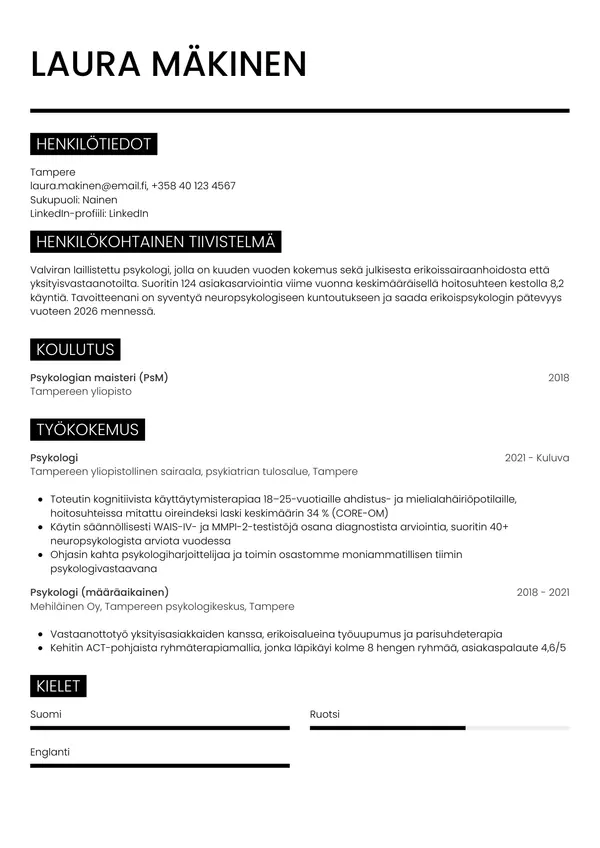 Psykologi CV-pohja — Tyyli 11