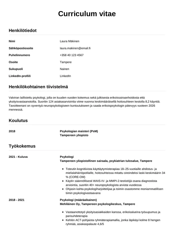 Psykologi CV-pohja — Tyyli 12