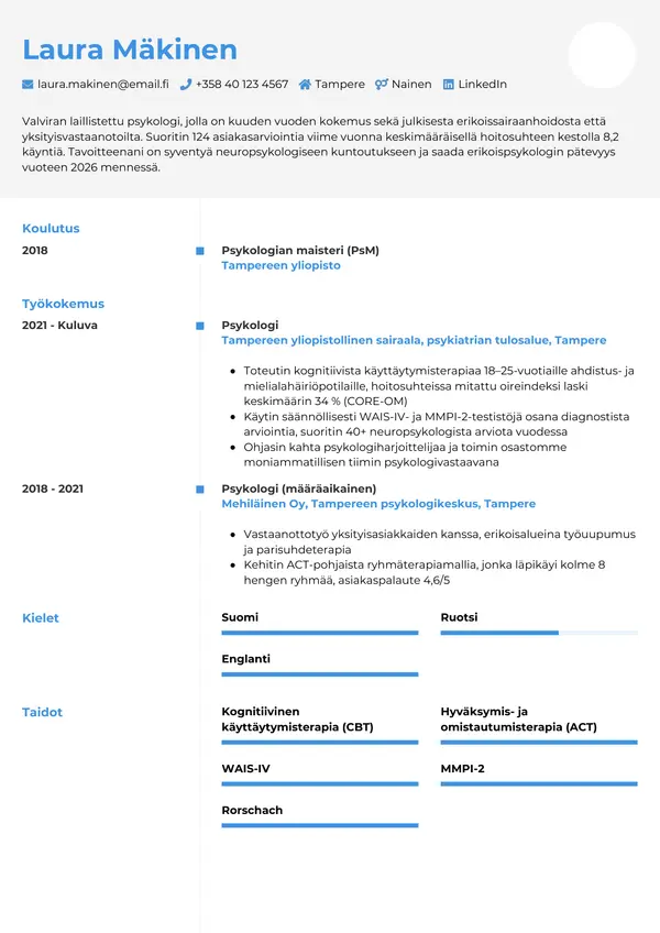 Psykologi CV-pohja — Tyyli 2