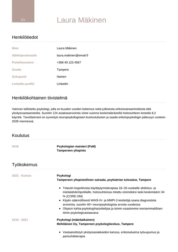 Psykologi CV-pohja — Tyyli 6
