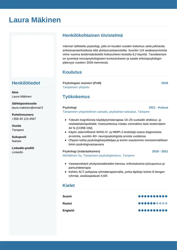 Psykologi CV-pohja — Tyyli 9