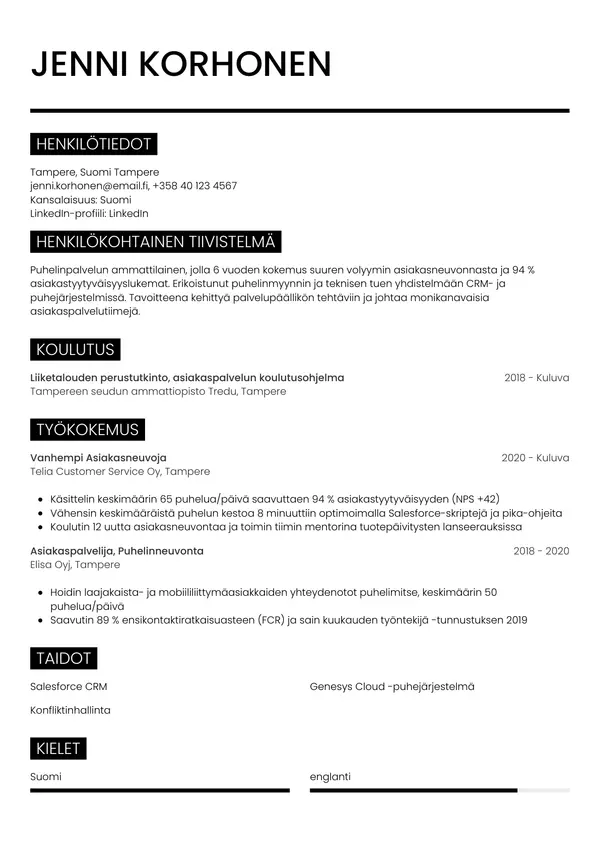 Puhelinpalvelun Asiakasneuvoja CV-pohja — Tyyli 11