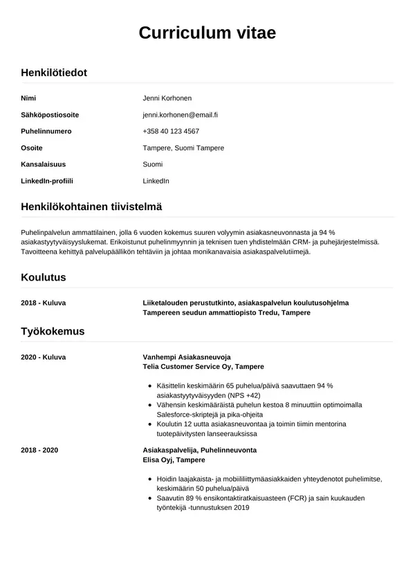Puhelinpalvelun Asiakasneuvoja CV-pohja — Tyyli 12