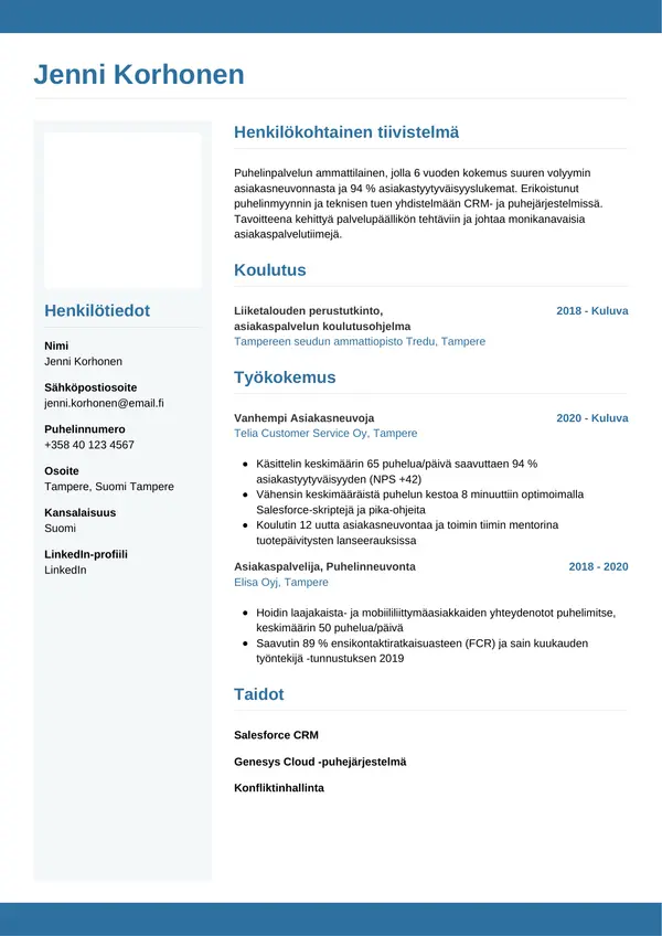 Puhelinpalvelun Asiakasneuvoja CV-pohja — Tyyli 9