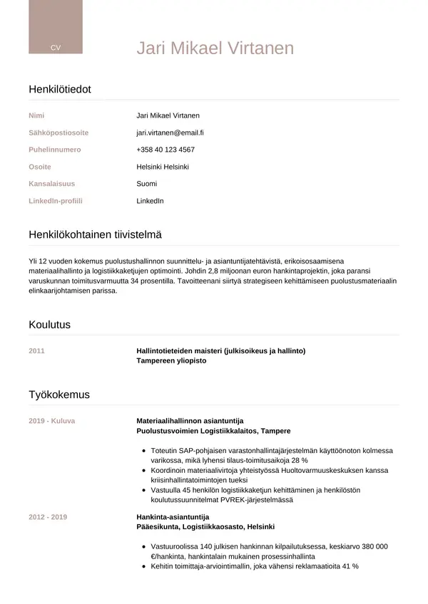 Puolustusvoimat CV-pohja — Tyyli 6