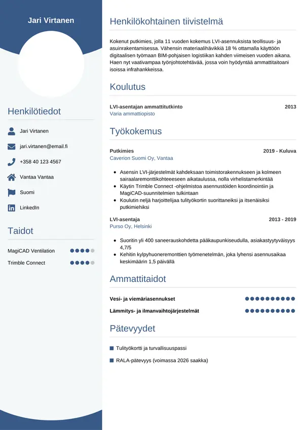 Putkimies CV-pohja — Tyyli 4