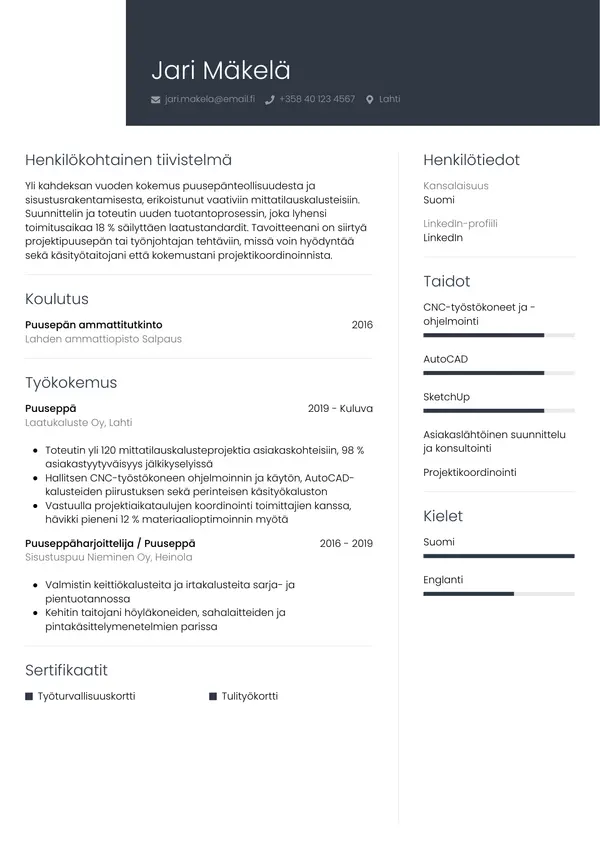 Puuseppa CV-pohja — Tyyli 1