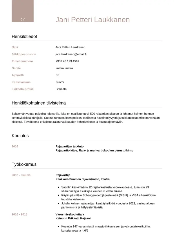 Rajavartija CV-pohja — Tyyli 6