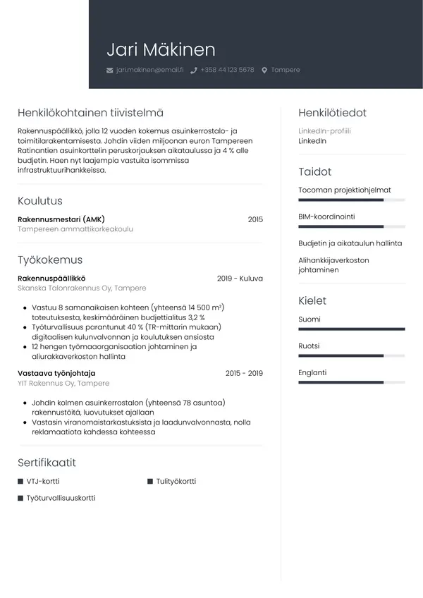 Rakennuspaallikko CV-pohja — Tyyli 1