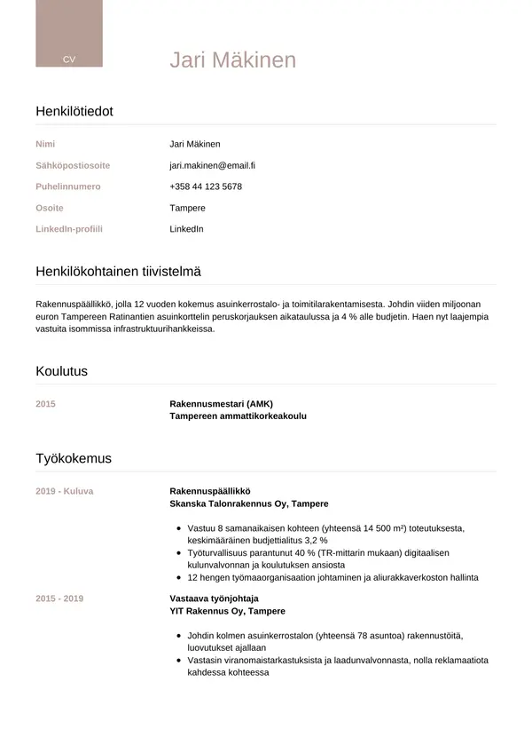 Rakennuspaallikko CV-pohja — Tyyli 6