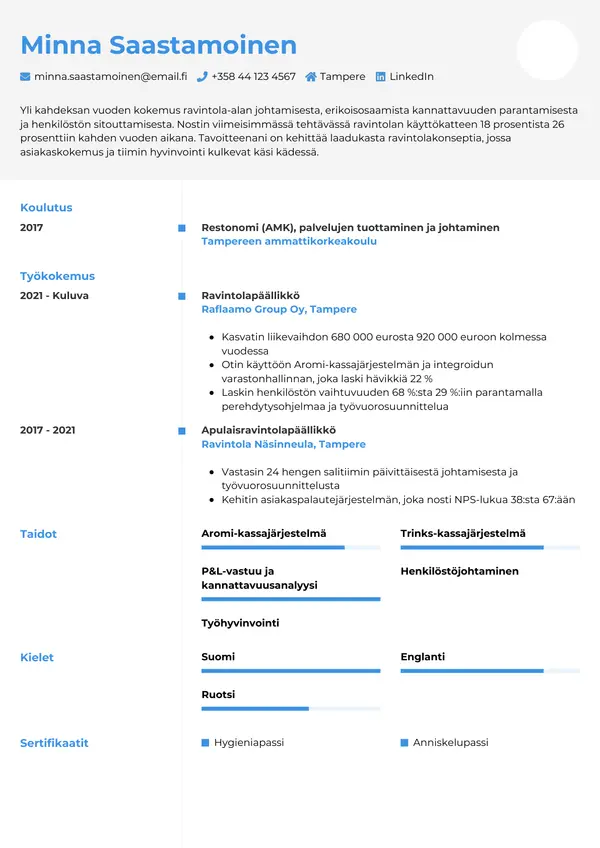 Ravintolapaallikko CV-pohja — Tyyli 2
