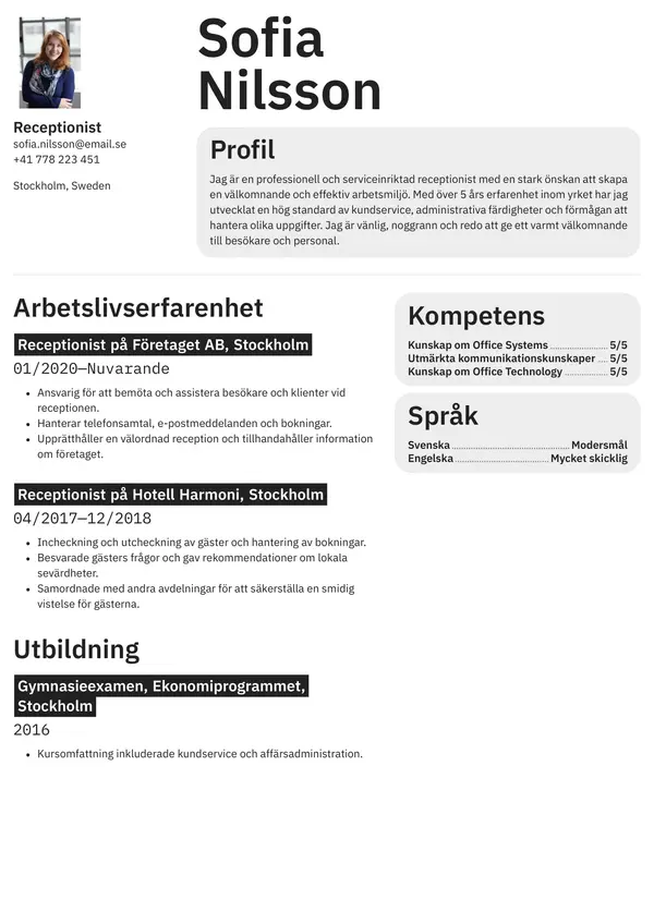 Receptionist CV-pohja — Tyyli 1