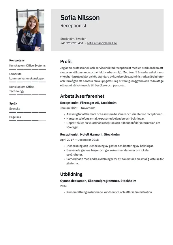 Receptionist CV-pohja — Tyyli 2