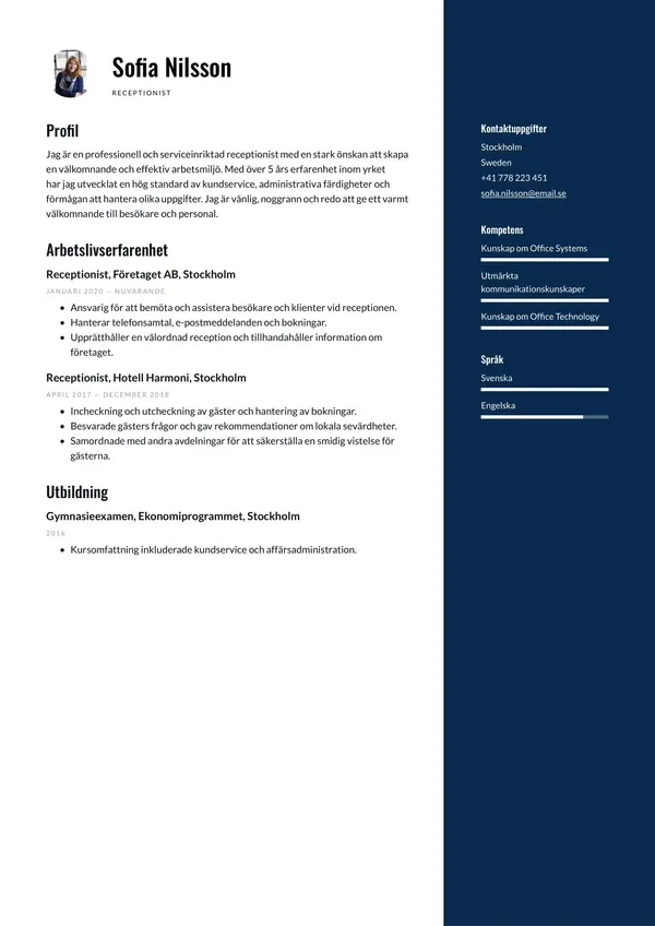 Receptionist CV-pohja — Tyyli 4