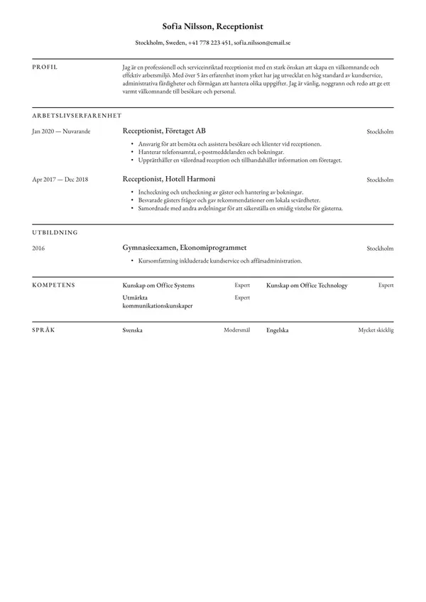 Receptionist CV-pohja — Tyyli 5