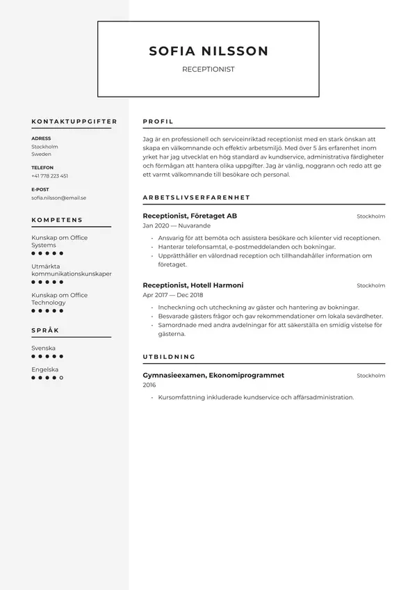 Receptionist CV-pohja — Tyyli 6
