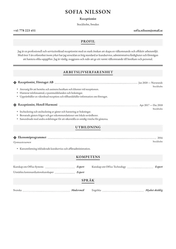 Receptionist CV-pohja — Tyyli 8