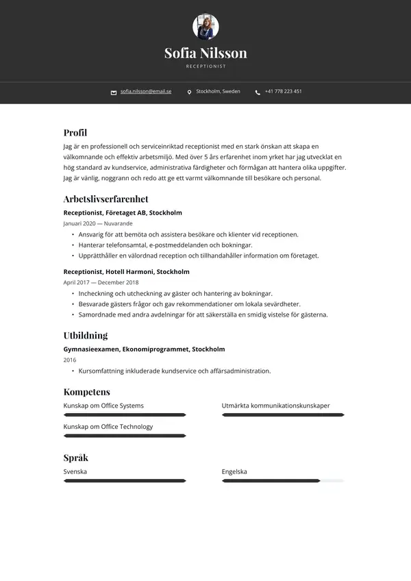Receptionist CV-pohja — Tyyli 9