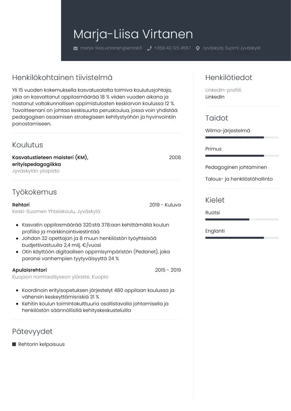 Rehtori CV-pohja — Tyyli 1
