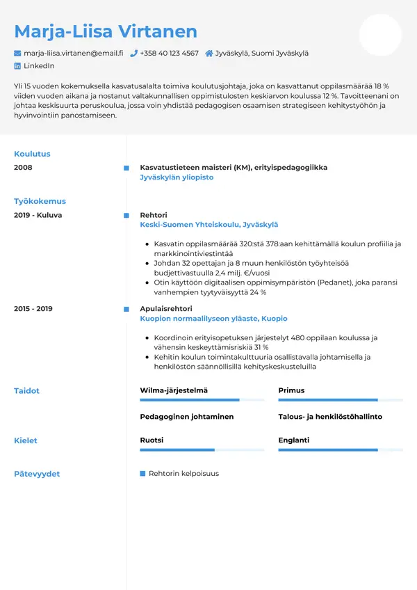 Rehtori CV-pohja — Tyyli 2