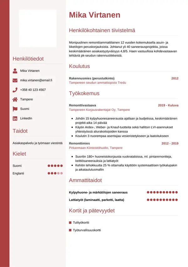 Remonttimiehen CV-pohja — Tyyli 10