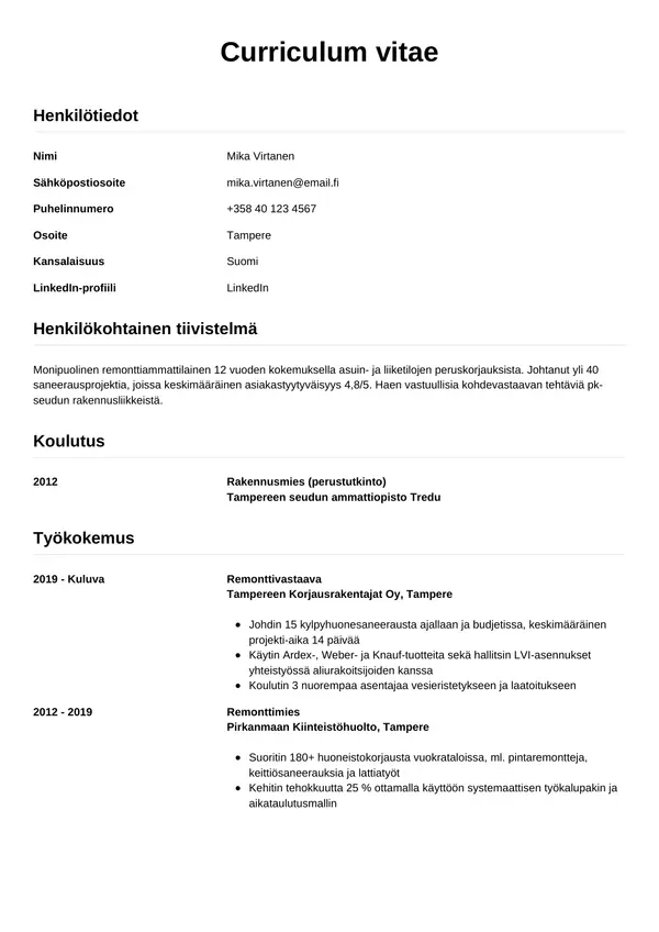 Remonttimiehen CV-pohja — Tyyli 12