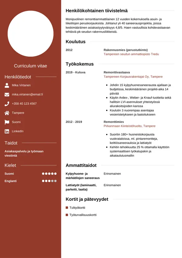 Remonttimiehen CV-pohja — Tyyli 5