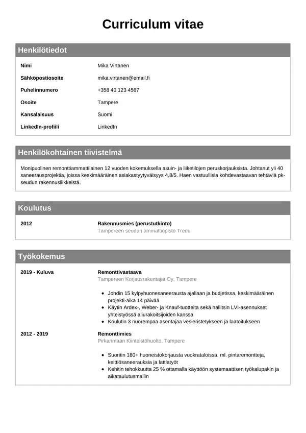 Remonttimiehen CV-pohja — Tyyli 7
