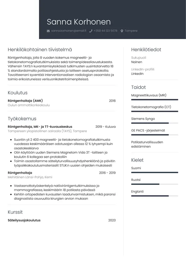 Rontgenhoitaja CV-pohja — Tyyli 1