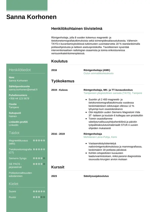 Rontgenhoitaja CV-pohja — Tyyli 8