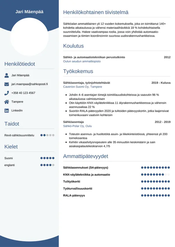 Sahkoasentaja CV-pohja — Tyyli 4