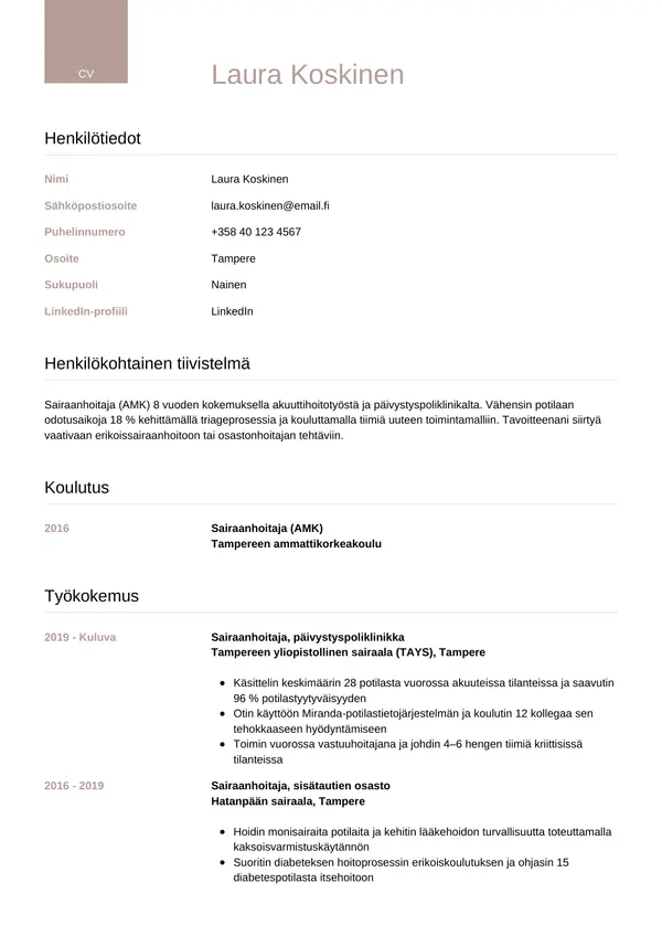 Sairaanhoitaja CV-pohja — Tyyli 6