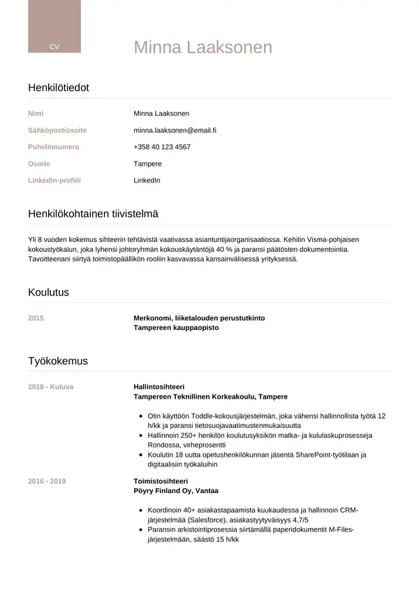 Sihteeri CV-pohja — Tyyli 6