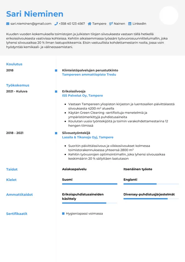 Siivooja CV pohja 2 Cv pohja fi