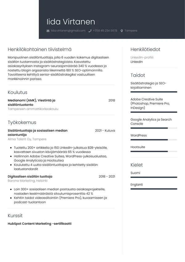Sisallontuottaja CV-pohja — Tyyli 1