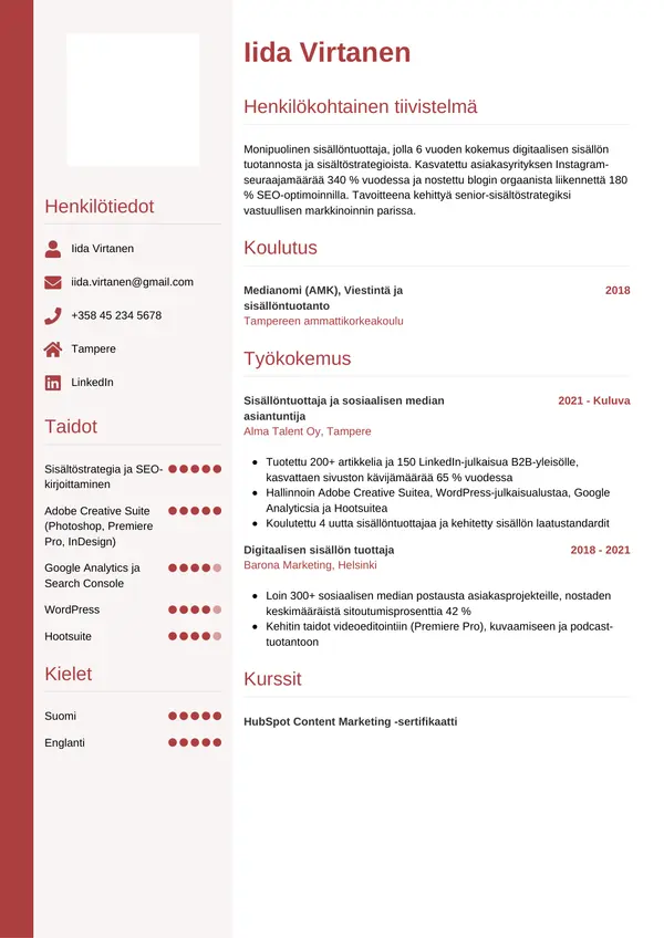Sisallontuottaja CV-pohja — Tyyli 10