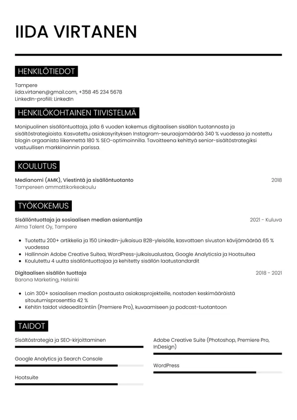 Sisallontuottaja CV-pohja — Tyyli 11