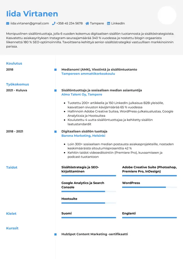 Sisallontuottaja CV-pohja — Tyyli 2