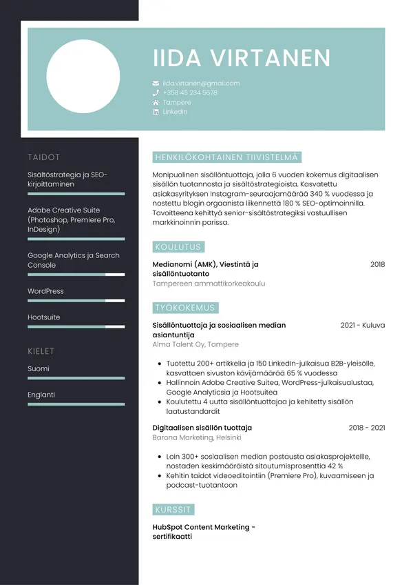 Sisallontuottaja CV-pohja — Tyyli 3