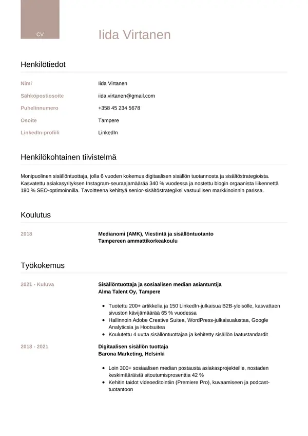 Sisallontuottaja CV-pohja — Tyyli 6