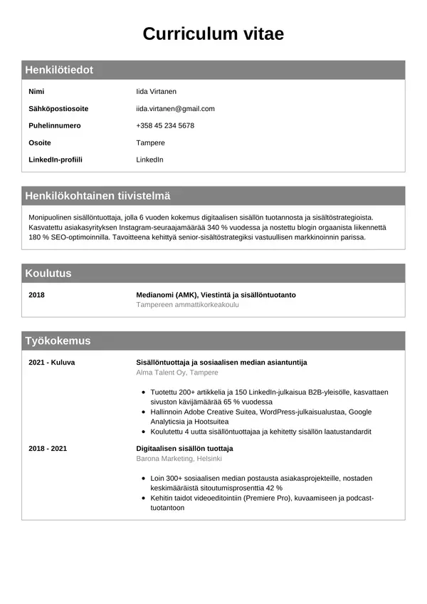 Sisallontuottaja CV-pohja — Tyyli 7