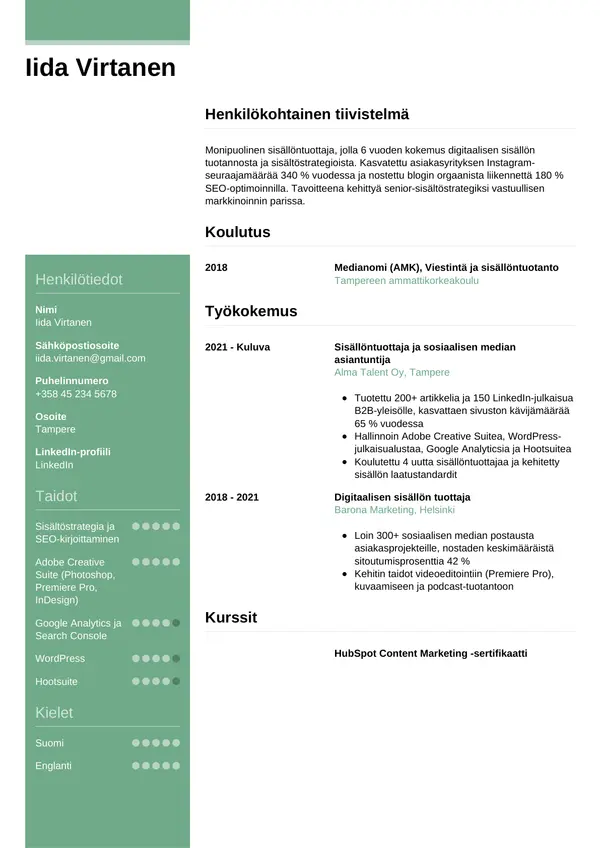 Sisallontuottaja CV-pohja — Tyyli 8