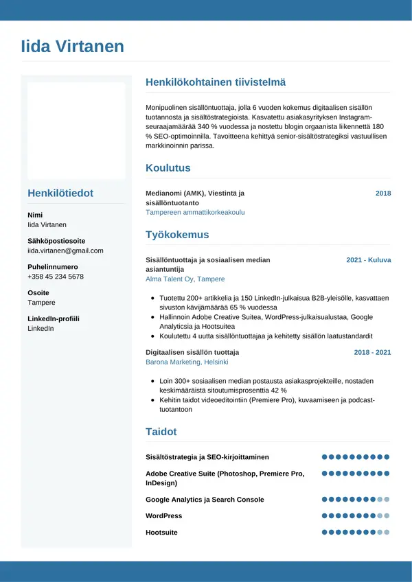 Sisallontuottaja CV-pohja — Tyyli 9
