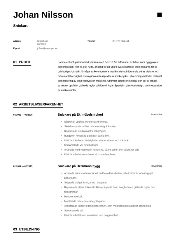 Snickare CV-pohja — Tyyli 1