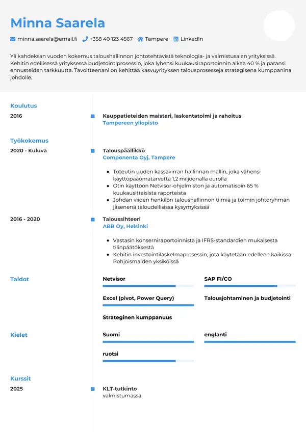 Talouspaallikko CV-pohja — Tyyli 2