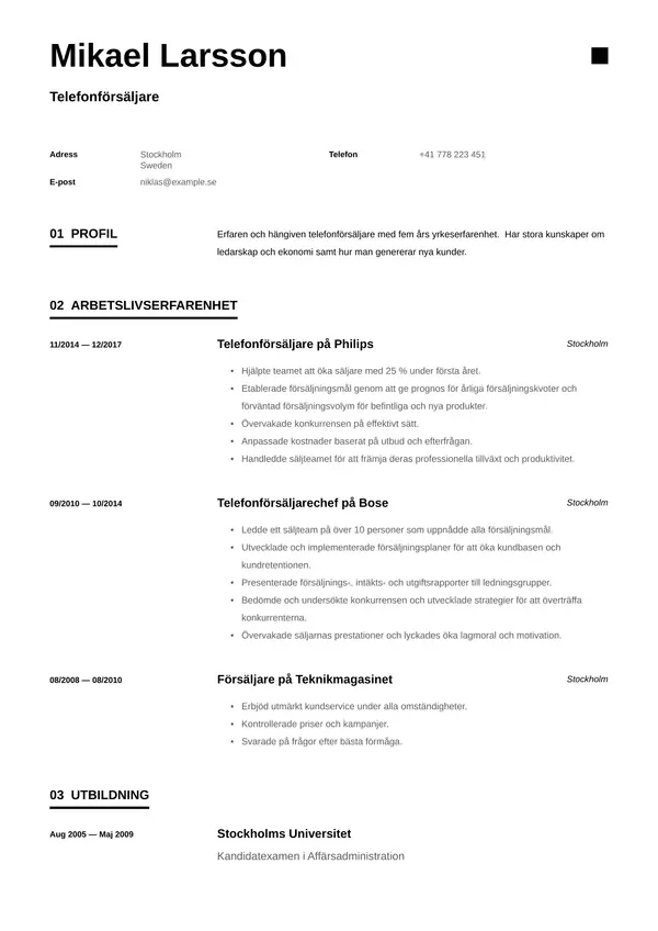 Telefonforsaljare CV-pohja — Tyyli 1