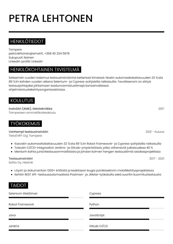 Testausinsinoori CV-pohja — Tyyli 11