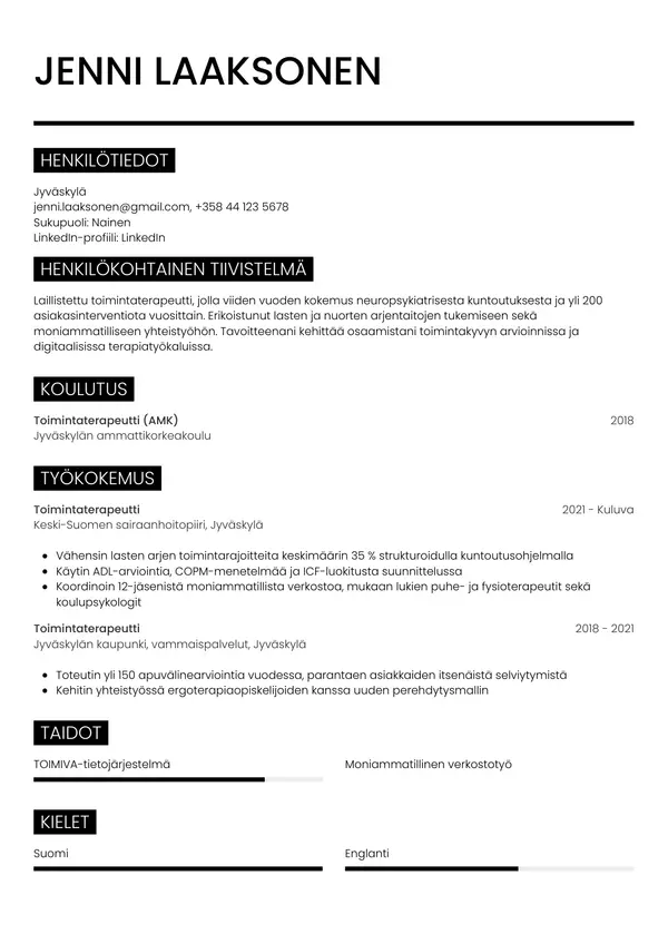 Toimintaterapeutti CV-pohja — Tyyli 11