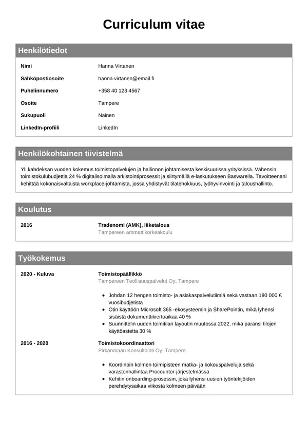 Toimistopaallikko CV-pohja — Tyyli 7