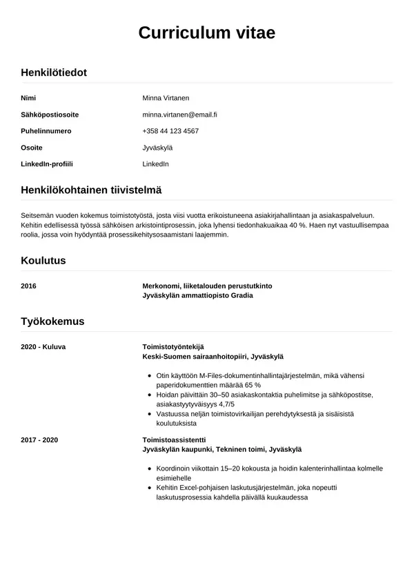 Toimistotyontekija CV-pohja — Tyyli 12
